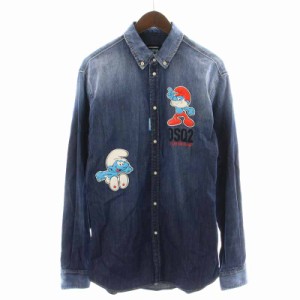 【中古】未使用品 ディースクエアード SMURFS DENIM Shirt デニムシャツ ボタンダウンシャツ ワッペン 46 S 紺