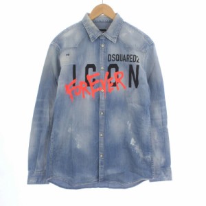 【中古】DSQUARED2 Icon Forever Rix Shirt デニムウエスタンシャツ 長袖 ロゴ ペイント ダメージ加工 48 L 青 ブルー