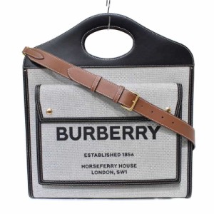 【中古】バーバリー BURBERRY ミディアム ツートン ポケットバッグ キャンバス レザー ハンドバッグ ブラック ■GY20