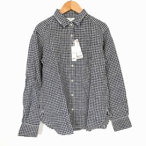 【中古】未使用品 ユニクロ UNIQLO プレミアムリネン チェックシャツ 長袖 麻100% ネイビー S タグ付き レディース