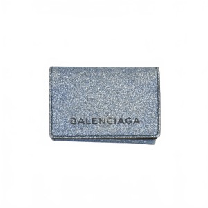 【中古】バレンシアガ BALENCIAGA コンパクトウォレット 財布 グリッター ラメ 三つ折り ブルー 青  レディース