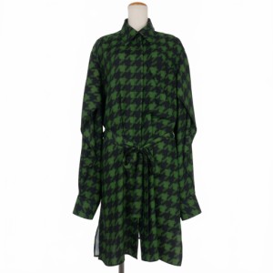 【中古】ニナリッチ NINA RICCI 千鳥格子 プリント シャツワンピース ベルト付き ひざ丈 緑 グリーン レディース