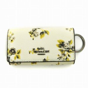 【中古】コーチ COACH 6連 キーケース キーリング フローラル 花柄 三つ折り オフホワイト イエロー系 レディース