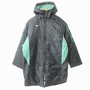 【中古】ミズノ MIZUNO 美品 近年モデル ベンチコート 中綿 ジャケット ジップアップ ロゴ プリント 黒 緑 F 1228 メンズ