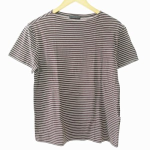 【中古】プラダ PRADA Tシャツ カットソー 半袖 ボートネック ボーダー ブラウン S 0331 メンズ