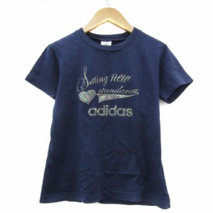 【中古】アディダス adidas Tシャツ カットソー 半袖 ラウンドネック ロゴプリント L 紺 ネイビー グレー レディース