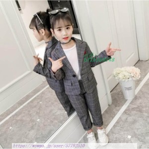 子供スーツ フォーマル 女の子 子供服 セットアップ キッズ チェック柄 立ち襟 長ズボン 可愛い 春秋 通学着 長袖 2点セット おしゃれ ア