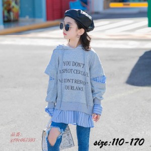 パーカー トップス 子供服 春秋 女の子 プルオーバー ストライプ プリント フード付き 長袖 おしゃれ ゆったり カジュアル 可愛い ジュニ