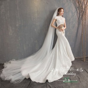 花嫁 結婚式 ウェディグドレス 二次会 パーティードレス ドレス 大きいサイズ マーメイドラインドレス エンパイア 挙式 トレーン ロング