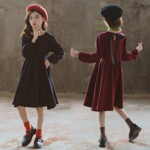 韓国子供服 ワンピース 親子 お揃い ドレス パフスリーブ フレアスカート 長袖 ロング丈 バックリボン カジュアル 秋冬 可愛い 女の子 2