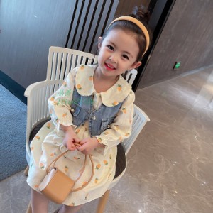 子供服 ワンピース 2点セット デニムベスト ワンピース 女の子 カジュアル 長袖 オシャレ パフスリーブ 発表会 小学生 卒業式入学式 七五