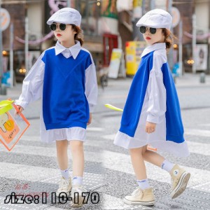 シャツワンピース ブラウス シャツ トップス 韓国子供服 コットン ゆったり 可愛い 女の子 おしゃれ 子ども服 通学 切り替え ジュニア服