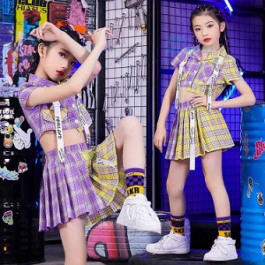 ダンス 衣装 キッズ ガールズ 女の子 セットアップ スカート 演奏会 ヒップホップ チェック 韓国 子供服 応援団 韓国 チェック柄 ヒップ