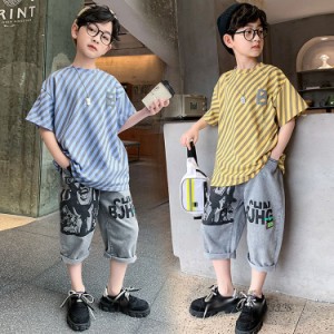 子供服 2点セット 上下セット 男の子 ボーイ 半袖 オシャレ 舞台 七五三 カジュアル カッコイイ Tシャツ 七分パンツ ジーンズ 2色 通学