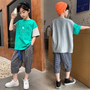 子供服 セットアップ 男の子 ボーイ 2点セット 上下セット 七五三 カジュアル オシャレ Tシャツ チェック 舞台 七分パンツ 通学 ファッシ