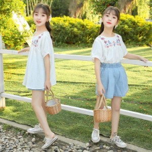 子供服 キッズ 女の子 韓国子供服 刺繍 半袖 ファッション 普段着 可愛い 2点セット夏服 通学 遠足 旅行 お出かけ 通学 通園 丸首 上下セ