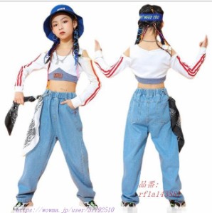 女の子ダンス衣装 ジャズダンス キッズダンス衣装 デニムパンツ 3点セットアップ 女の子 長袖シャツ＋パンツ＋ヘアバンド３点セット2枚