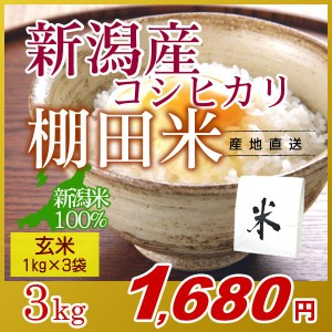 お米 3kg 玄米 棚田米 新潟産コシヒカリ (1kg×3袋) エコ梱包 令和5年産 新米 / 1kg小分け 米 高級銘柄米 新潟米 ブランド米 新潟 新潟県