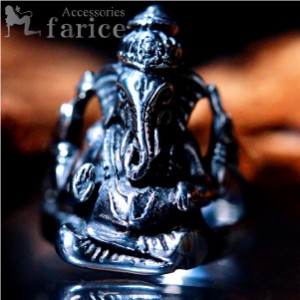 インドの神 ガネーシャ(人間の身体・片牙の折れた象の頭・4本腕の神)モチーフ 透かし2アームデザイン メンズ ステンレス リング