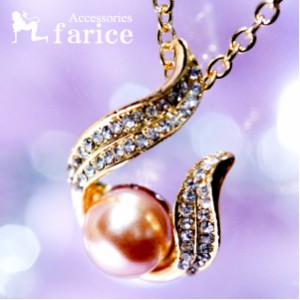 一粒ゴールドコーティングパール(真珠)装飾 2ラインストーン カールフレーム ゴールドカラー レディース ペンダント ネックレス