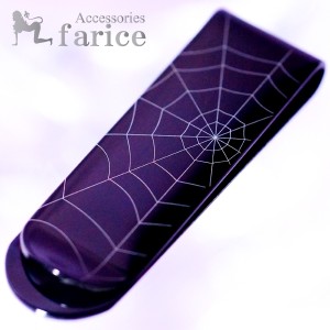 スパイダーウェブ(蜘蛛の巣)装飾 ブラックコーティング メンズ ステンレス マネークリップ