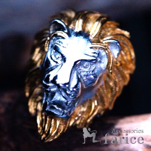 百獣の王・ライオン 威嚇する獅子デザイン イエローゴールド・バイカラー メンズ ステンレス リング