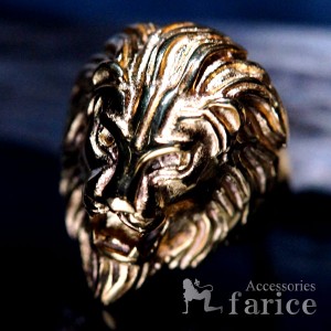 百獣の王・ライオン 威嚇する獅子デザイン イエローゴールド仕上げ メンズ ステンレス リング