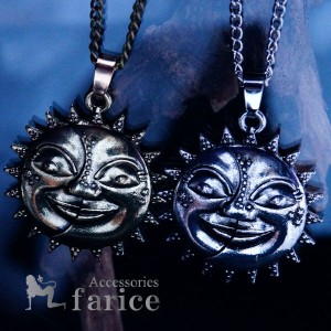 サン&ムーン&フェイス(太陽と月と顔)デザイン 3スター(星)装飾 メンズ ペンダント ネックレス【シルバーorゴールド】