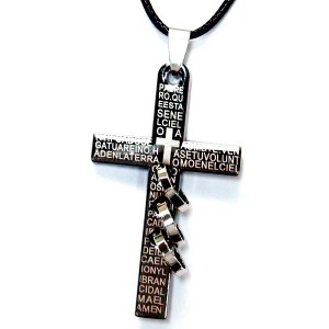 ルード系 クロス 十字架 聖書文字 メッセージ トリプルリング ブラックカラー メンズ ステンレス ペンダント ネックレス 