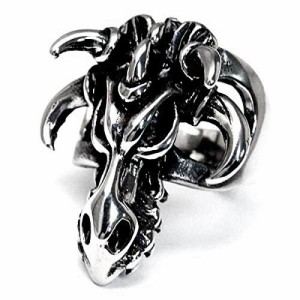 デビルズホース・ビーストスカル(悪魔の馬/獣の骸骨) 6本角&牙(ホーン&ファング)リアル立体型デザイン メンズ ステンレス リング