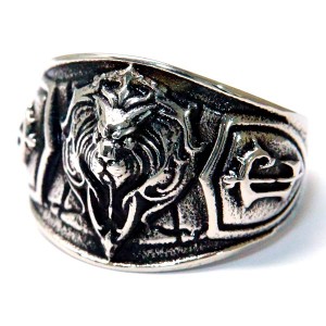 ライオン 獅子 立体型 シールド エンブレム 盾 紋章 メンズ ステンレス リング