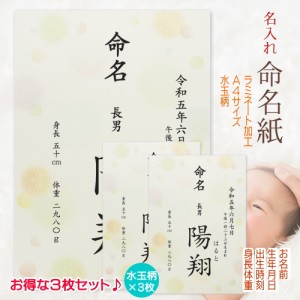 命名書 命名紙 水玉柄 3枚セット 名入れ お名前＋生年月日＋出生時刻＋身長体重 オーダー お祝い 男の子 女の子 記念 出産 ベビー 赤ちゃ