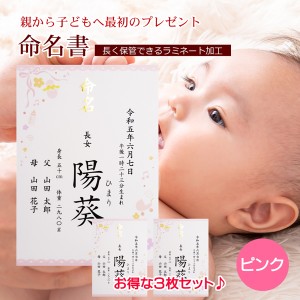 命名書 女の子用 ピンク A4サイズ ラミネート加工 命名紙 名入れ オーダー 出産祝い