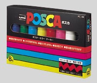 ユニ　ポスカ [PC-8K8C] 1セット 太字角芯セット インク色：黒，赤，青，緑，黄，桃，水色，白 （三菱鉛筆/UNI POSCA/水性サインペン/水