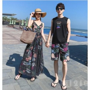 キャミワンピース花柄マキシ丈チュールドレス恋人新婚旅行セットアップ.メンズ上下セットペアルックタンクトップとハーフパンツ夏