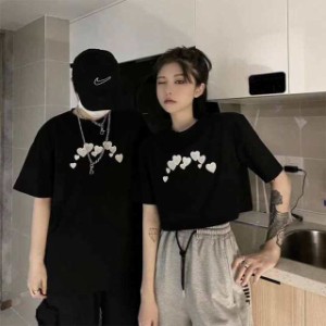 原宿風 カップル服Tシャツ レディース おしゃれ 半袖 ロング丈トップス 韓国ファッション ヒップホップ ダンス衣装 ストリート系 BF風 カ