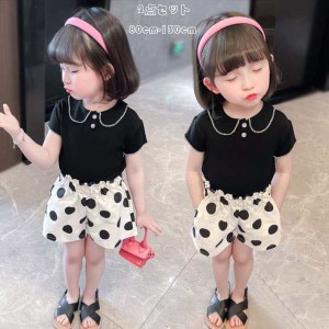 子ども服 夏服 女の子 幼児 可愛い セットアップ レジャー Tシャツ+ ショーツ 2点セット ブラック 半袖 ドット柄 キッズ 上下セット 夏着