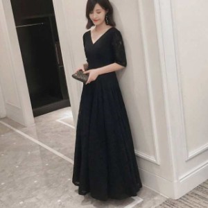 ロングドレス黒パーティードレスイブニングドレス春夏結婚式二次会披露宴ブラック大きいサイズロング丈マキシ丈半袖袖あり