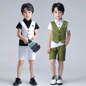 子供服男の子フォーマルスーツ夏キッズ半袖シャツ2点セットベストズボン折り襟タキシード入学式卒業式夏新作