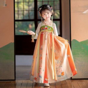 子供服漢服ワンピースキッズ女の子カジュアルお姫様中国風ドレスdress刺?柄誕生日七五三オレンジ花柄長袖おしゃれ可愛い