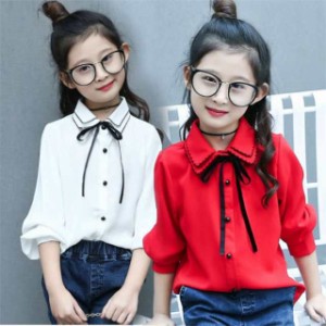 子供服シャツ女の子フォーマルトレーナーワイシャツスクール白シャツYシャツトップスキッズシフォンリボンボートネック