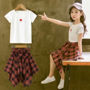 子供服女の子セットアップＴシャツチェックスカートチェックパンツ半袖オシャレ可愛いカジュアルセット韓国風ファッション