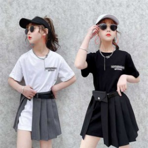 韓国子供服女の子セットアップ半袖ロングTシャツスカートバッグ夏服丸首プリーツ3点セットキッズ上下セット学生姉妹