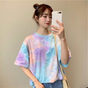 Tシャツ レディース タイダイ柄 半袖 夏 ゆるい トップス 韓国ファッション 原宿系 BF風 ヒップホップ ダンス ストリート風 カジュアル