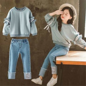 子供服 セットアップ 女の子 長袖 上下セット 韓国子供服 キッズ ジュニア Tシャツ デニムパンツ 長ズボン 可愛い おしゃれ 春秋新品