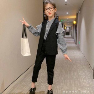 パンツスーツ 女の子 入学式 チェック柄 ピアノ 発表会 フォーマルスーツ 子供スーツ キッズ Tシャツ ベスト パンツ 3点セット 韓国 子供