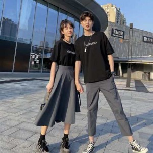 新作 カップルペアルック 韓国風 上下セット 短袖Tシャツ ペア ペアルック カップル 男女兼用 トップス ワンピース スカート