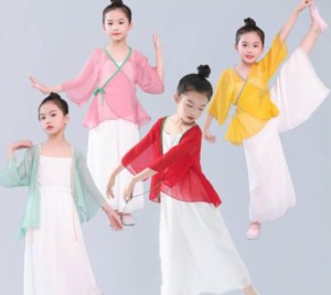 子供古典ダンス衣装中華風トップス羽織白ガウチョパンツワイドスカーチョパンツゆったりキッズ中華古典ダンスバレエ社交ダンスウェア単品
