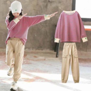 韓国子供服 セットアップ キッズ 女の子 春服 上下セット スウェット 長ズボン 2点セット レジャー 上下 通学 ジュニア服 ストライプ柄