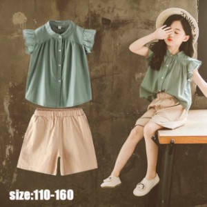 韓国子供服 女の子 セットアップ シャツ+半ズボン カジュアル ナチュラル パンツ ノースリーブ 薄手 パンツ セットアップ ゆっ